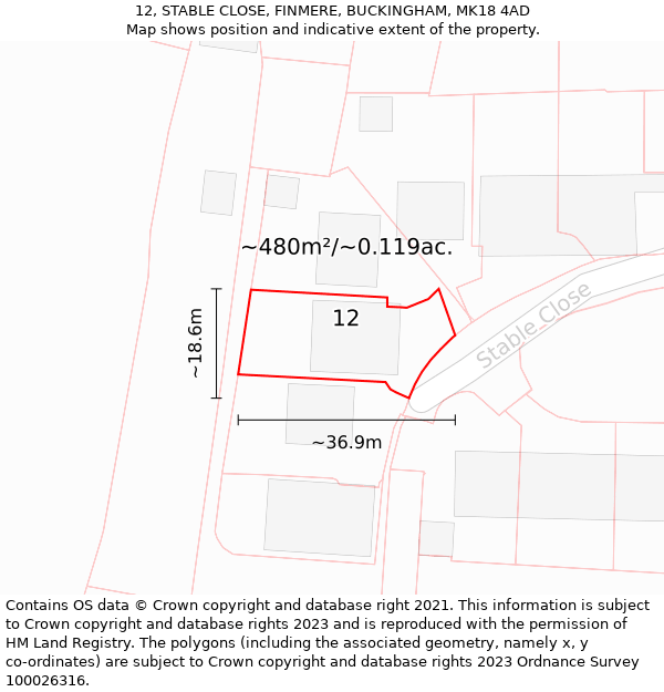 12, STABLE CLOSE, FINMERE, BUCKINGHAM, MK18 4AD: Plot and title map