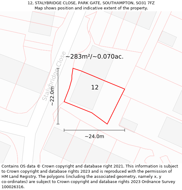 12, STALYBRIDGE CLOSE, PARK GATE, SOUTHAMPTON, SO31 7FZ: Plot and title map