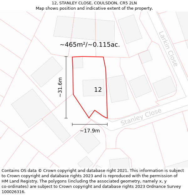 12, STANLEY CLOSE, COULSDON, CR5 2LN: Plot and title map