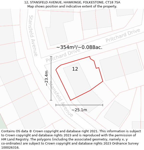 12, STANSFELD AVENUE, HAWKINGE, FOLKESTONE, CT18 7SA: Plot and title map