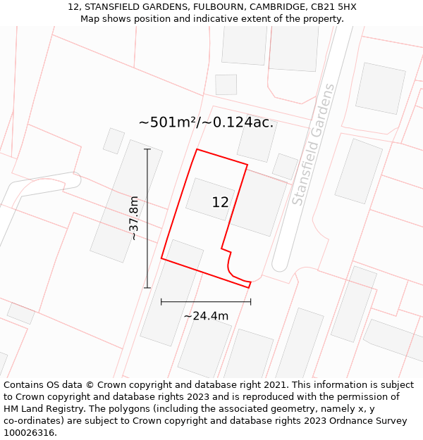 12, STANSFIELD GARDENS, FULBOURN, CAMBRIDGE, CB21 5HX: Plot and title map