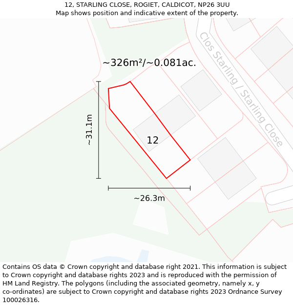 12, STARLING CLOSE, ROGIET, CALDICOT, NP26 3UU: Plot and title map