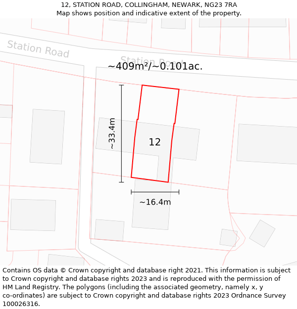 12, STATION ROAD, COLLINGHAM, NEWARK, NG23 7RA: Plot and title map