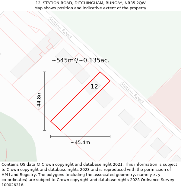 12, STATION ROAD, DITCHINGHAM, BUNGAY, NR35 2QW: Plot and title map