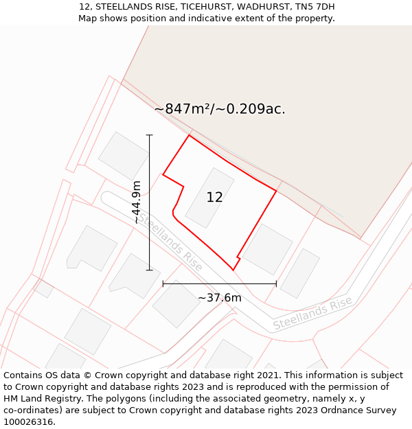 12, STEELLANDS RISE, TICEHURST, WADHURST, TN5 7DH: Plot and title map