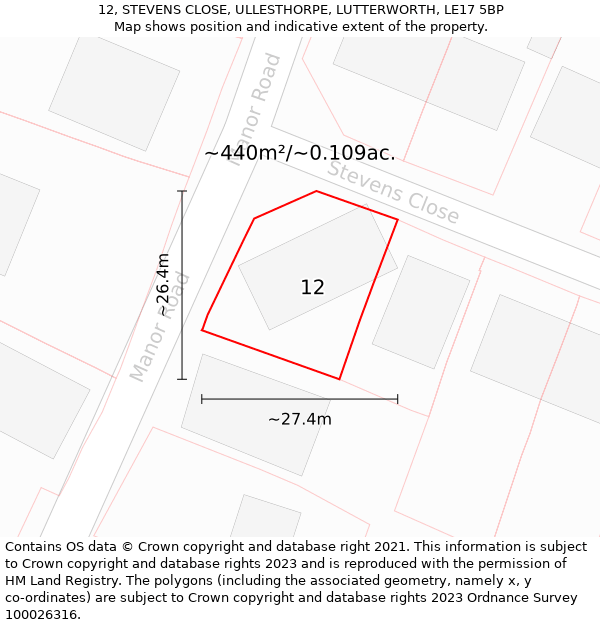 12, STEVENS CLOSE, ULLESTHORPE, LUTTERWORTH, LE17 5BP: Plot and title map