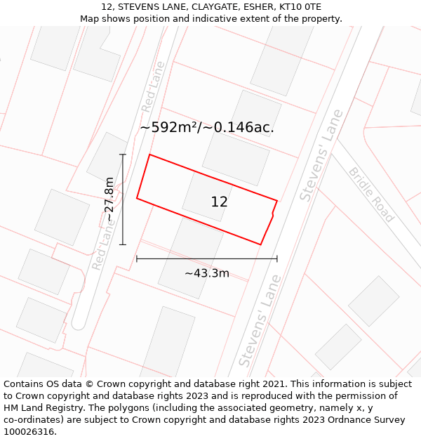 12, STEVENS LANE, CLAYGATE, ESHER, KT10 0TE: Plot and title map