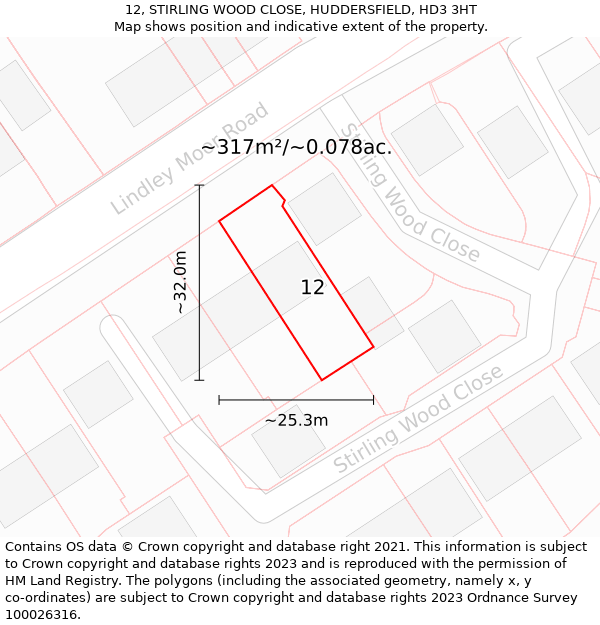 12, STIRLING WOOD CLOSE, HUDDERSFIELD, HD3 3HT: Plot and title map