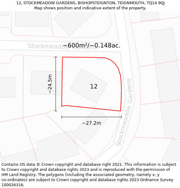 12, STOCKMEADOW GARDENS, BISHOPSTEIGNTON, TEIGNMOUTH, TQ14 9QJ: Plot and title map