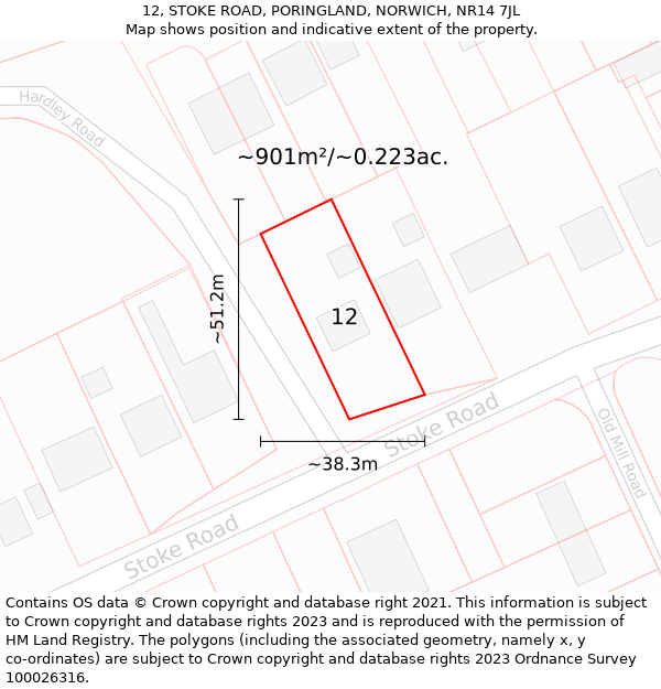 12, STOKE ROAD, PORINGLAND, NORWICH, NR14 7JL: Plot and title map