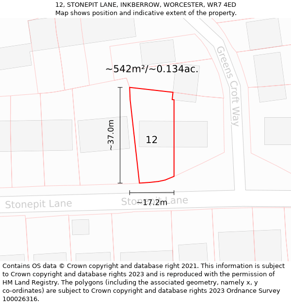 12, STONEPIT LANE, INKBERROW, WORCESTER, WR7 4ED: Plot and title map