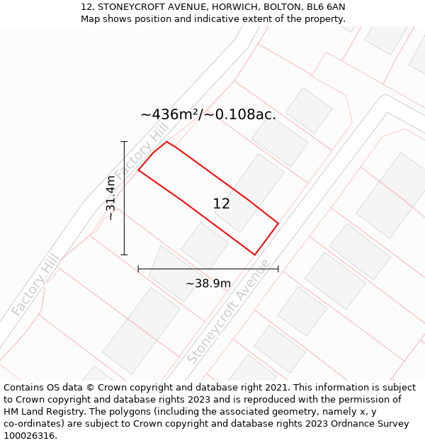 12, STONEYCROFT AVENUE, HORWICH, BOLTON, BL6 6AN: Plot and title map