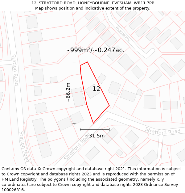 12, STRATFORD ROAD, HONEYBOURNE, EVESHAM, WR11 7PP: Plot and title map
