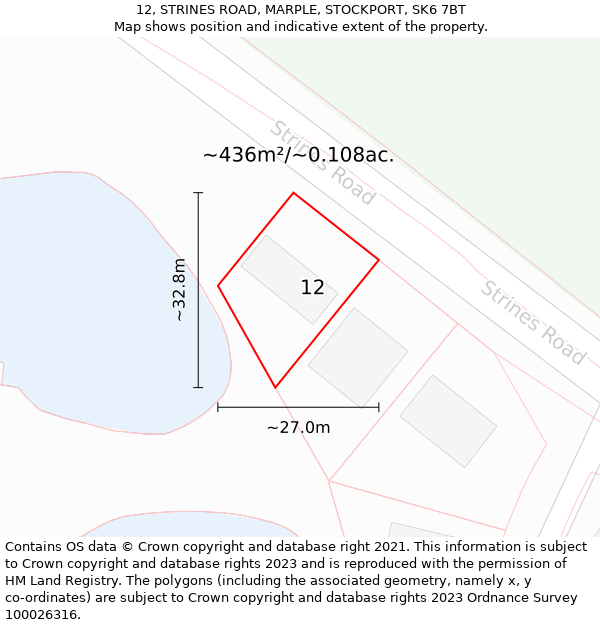 12, STRINES ROAD, MARPLE, STOCKPORT, SK6 7BT: Plot and title map