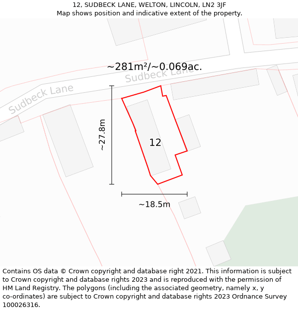 12, SUDBECK LANE, WELTON, LINCOLN, LN2 3JF: Plot and title map