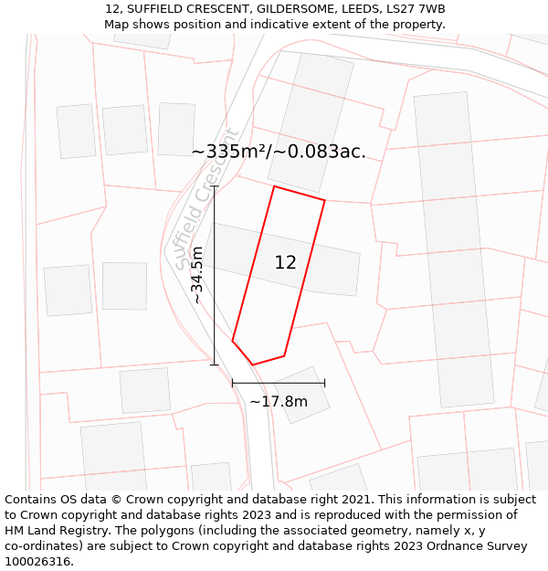12, SUFFIELD CRESCENT, GILDERSOME, LEEDS, LS27 7WB: Plot and title map