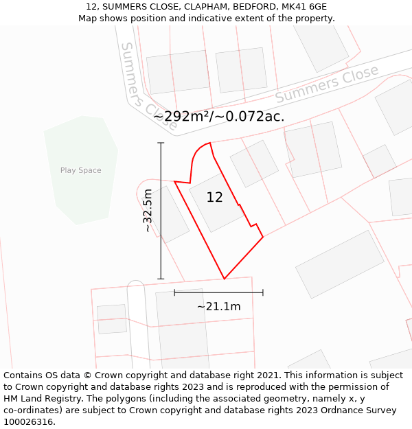 12, SUMMERS CLOSE, CLAPHAM, BEDFORD, MK41 6GE: Plot and title map