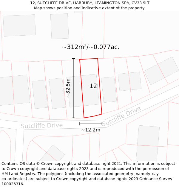 12, SUTCLIFFE DRIVE, HARBURY, LEAMINGTON SPA, CV33 9LT: Plot and title map