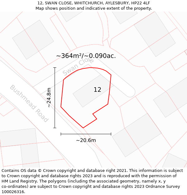 12, SWAN CLOSE, WHITCHURCH, AYLESBURY, HP22 4LF: Plot and title map