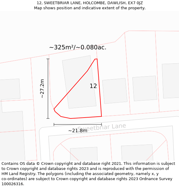 12, SWEETBRIAR LANE, HOLCOMBE, DAWLISH, EX7 0JZ: Plot and title map