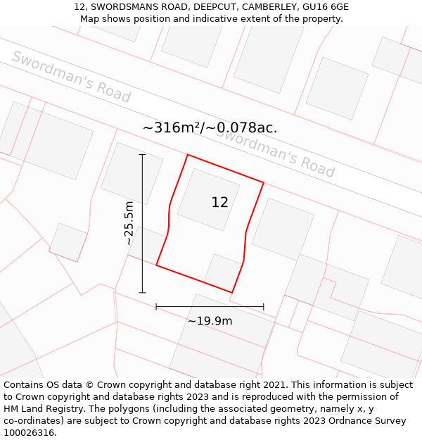 12, SWORDSMANS ROAD, DEEPCUT, CAMBERLEY, GU16 6GE: Plot and title map