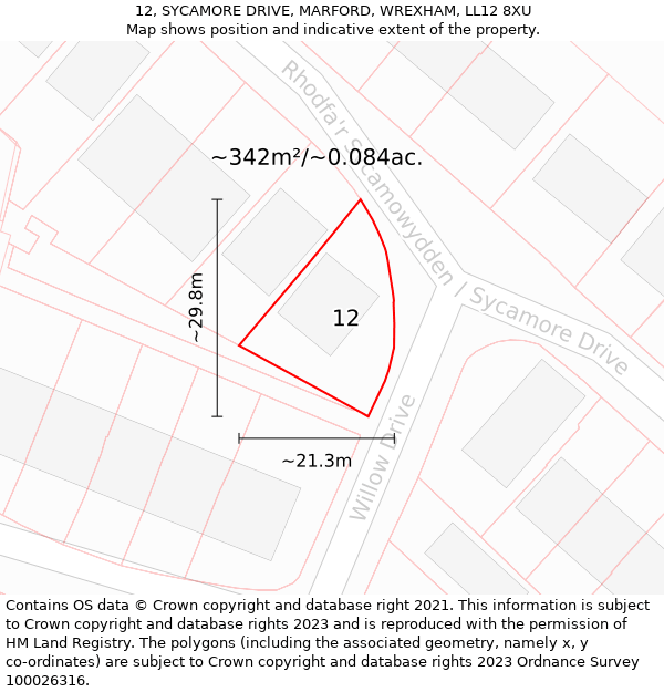 12, SYCAMORE DRIVE, MARFORD, WREXHAM, LL12 8XU: Plot and title map