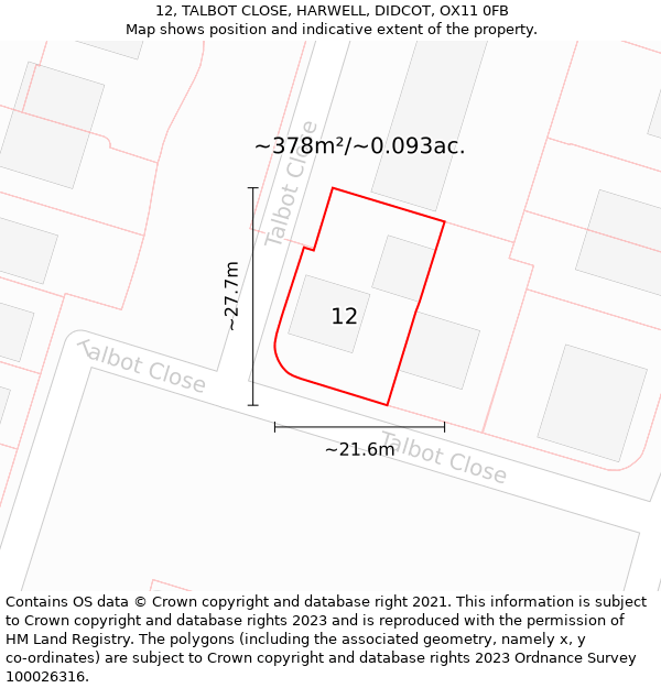 12, TALBOT CLOSE, HARWELL, DIDCOT, OX11 0FB: Plot and title map
