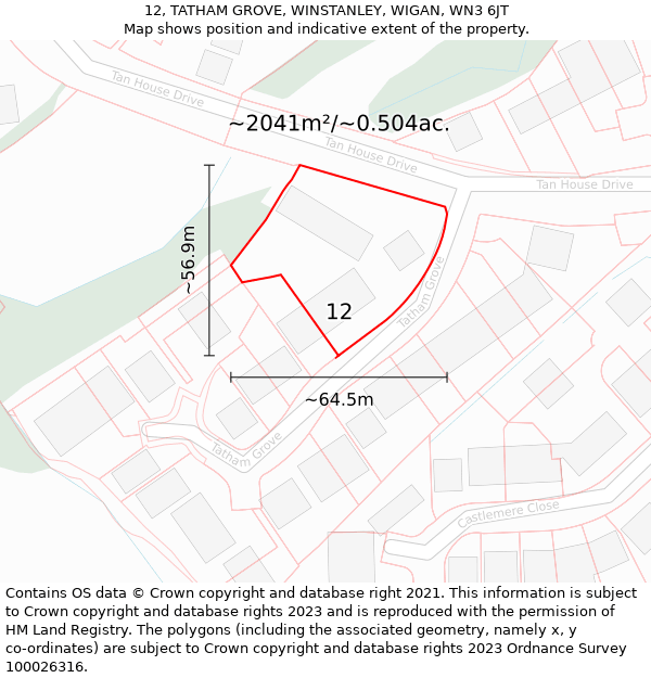 12, TATHAM GROVE, WINSTANLEY, WIGAN, WN3 6JT: Plot and title map