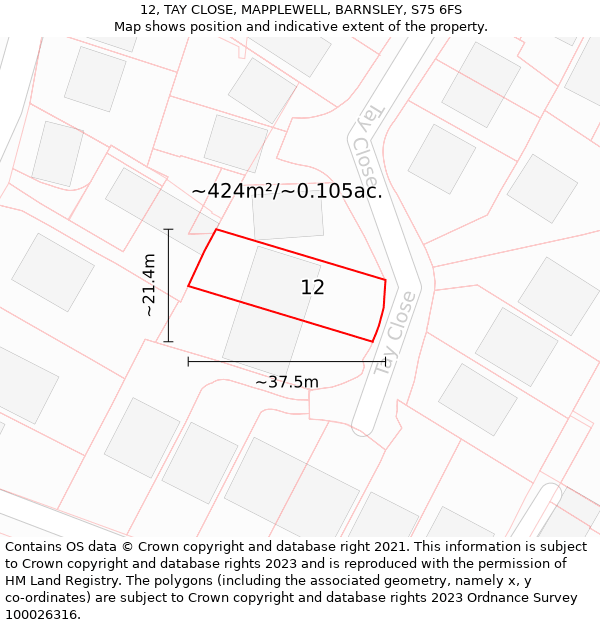 12, TAY CLOSE, MAPPLEWELL, BARNSLEY, S75 6FS: Plot and title map