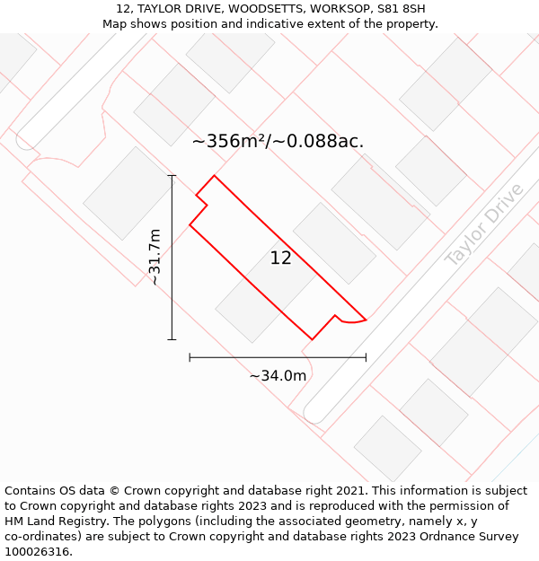 12, TAYLOR DRIVE, WOODSETTS, WORKSOP, S81 8SH: Plot and title map