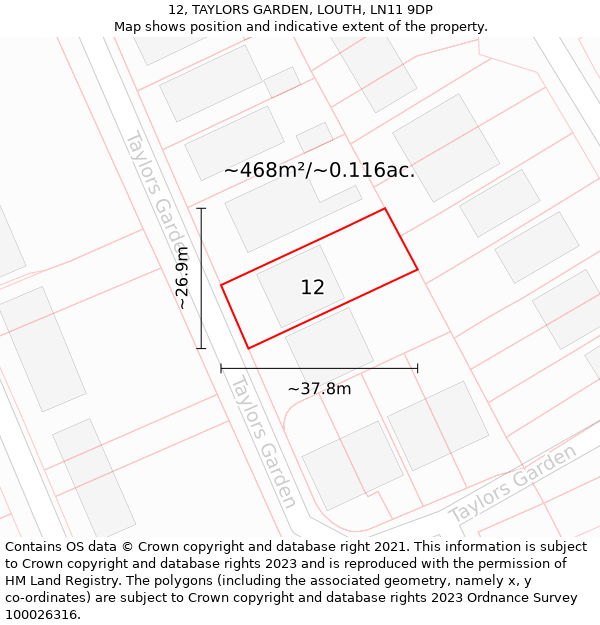 12, TAYLORS GARDEN, LOUTH, LN11 9DP: Plot and title map