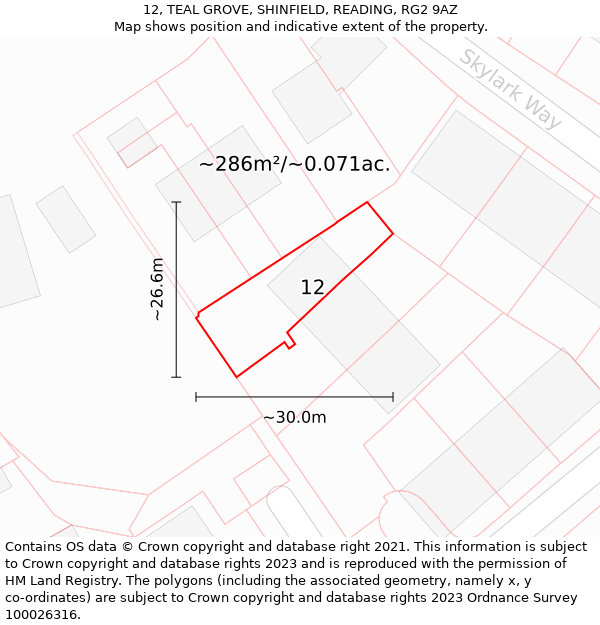 12, TEAL GROVE, SHINFIELD, READING, RG2 9AZ: Plot and title map