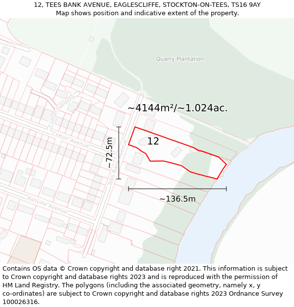 12, TEES BANK AVENUE, EAGLESCLIFFE, STOCKTON-ON-TEES, TS16 9AY: Plot and title map