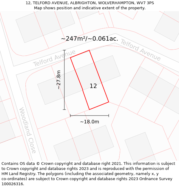 12, TELFORD AVENUE, ALBRIGHTON, WOLVERHAMPTON, WV7 3PS: Plot and title map