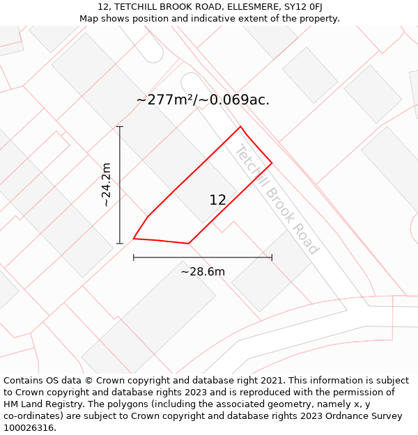 12, TETCHILL BROOK ROAD, ELLESMERE, SY12 0FJ: Plot and title map