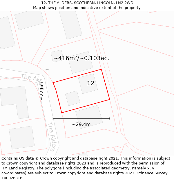 12, THE ALDERS, SCOTHERN, LINCOLN, LN2 2WD: Plot and title map