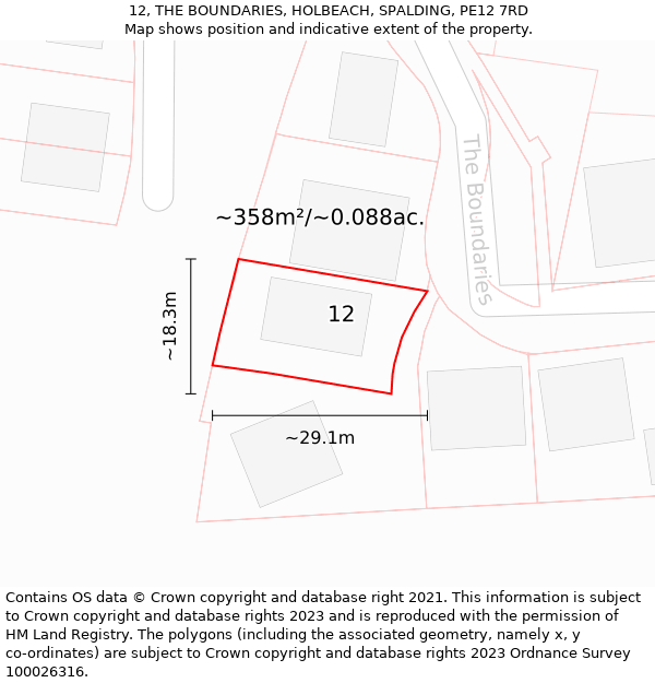 12, THE BOUNDARIES, HOLBEACH, SPALDING, PE12 7RD: Plot and title map