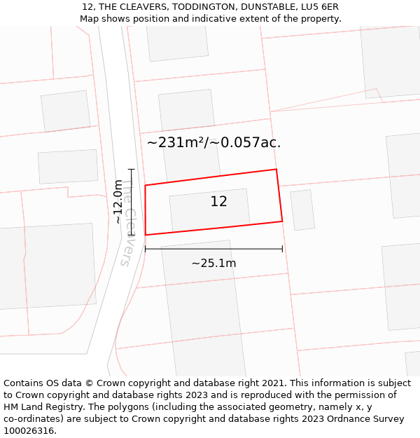 12, THE CLEAVERS, TODDINGTON, DUNSTABLE, LU5 6ER: Plot and title map