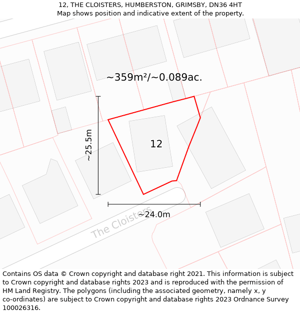 12, THE CLOISTERS, HUMBERSTON, GRIMSBY, DN36 4HT: Plot and title map