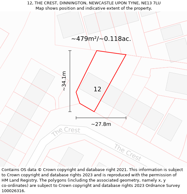 12, THE CREST, DINNINGTON, NEWCASTLE UPON TYNE, NE13 7LU: Plot and title map