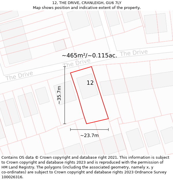 12, THE DRIVE, CRANLEIGH, GU6 7LY: Plot and title map