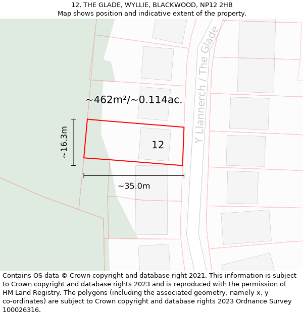 12, THE GLADE, WYLLIE, BLACKWOOD, NP12 2HB: Plot and title map