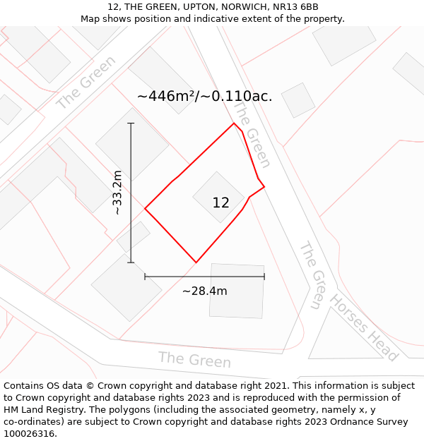 12, THE GREEN, UPTON, NORWICH, NR13 6BB: Plot and title map