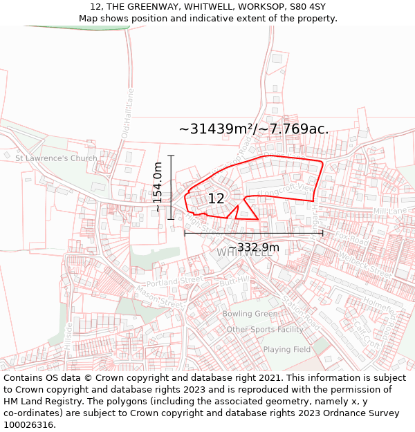 12, THE GREENWAY, WHITWELL, WORKSOP, S80 4SY: Plot and title map