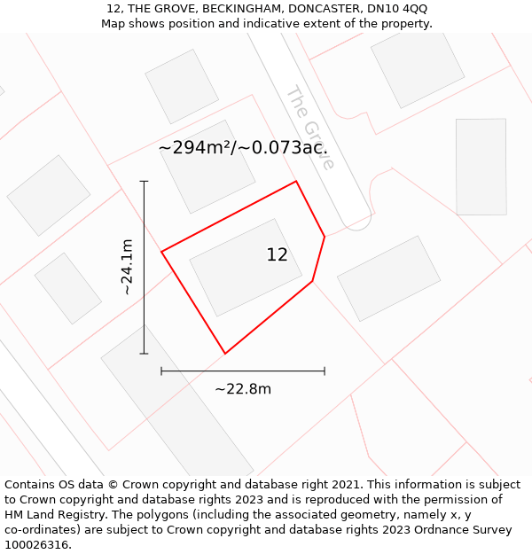 12, THE GROVE, BECKINGHAM, DONCASTER, DN10 4QQ: Plot and title map