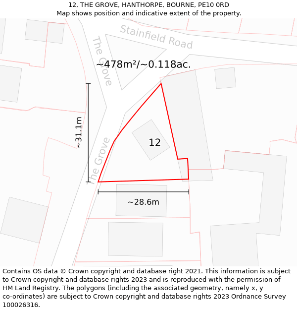 12, THE GROVE, HANTHORPE, BOURNE, PE10 0RD: Plot and title map