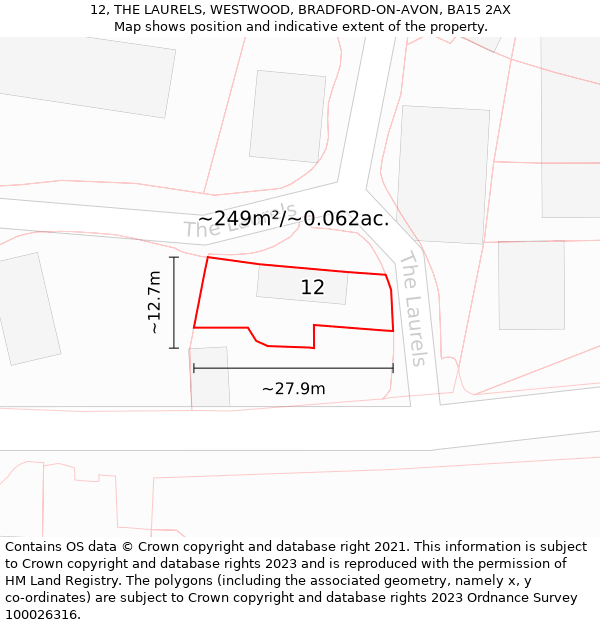 12, THE LAURELS, WESTWOOD, BRADFORD-ON-AVON, BA15 2AX: Plot and title map