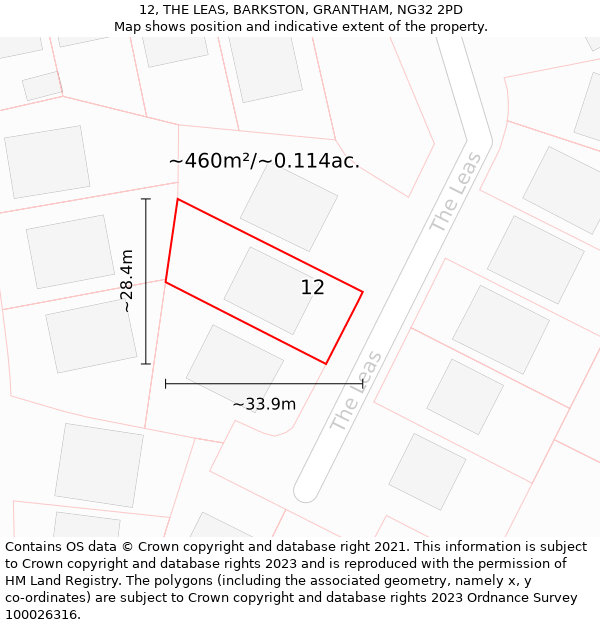 12, THE LEAS, BARKSTON, GRANTHAM, NG32 2PD: Plot and title map