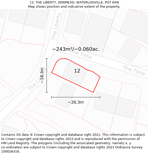 12, THE LIBERTY, DENMEAD, WATERLOOVILLE, PO7 6XN: Plot and title map