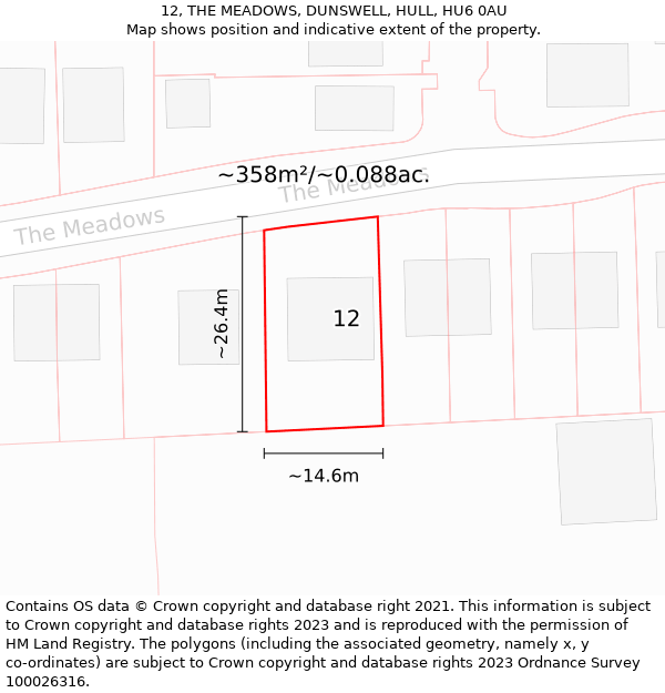 12, THE MEADOWS, DUNSWELL, HULL, HU6 0AU: Plot and title map